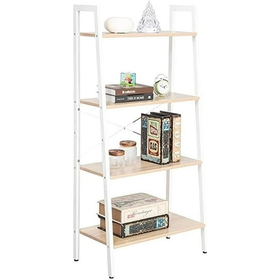 JJS Industrial 4-Tier Bookshelf, Freestanding Rustic Display Bookcase Storage Rack Shelf Stand for Living Room Home Office, Oak/White