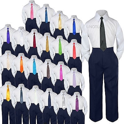 

Baby Toddler Kid Boys Wedding Formal 3pc Set Shirt Navy Pants Necktie Suit S-7