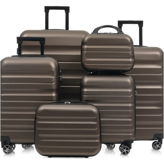 JERFIT 6-Piece Brown ABS Hardshell Luggage Set with Spinner Wheels, Lightweight Durable Suitcases for Travel, Carry On Included