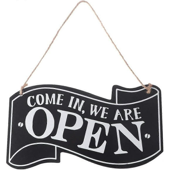 Wooden Open and Closed Two Sided Sign with Rope for Hanging Vintage Business Sign (Black)