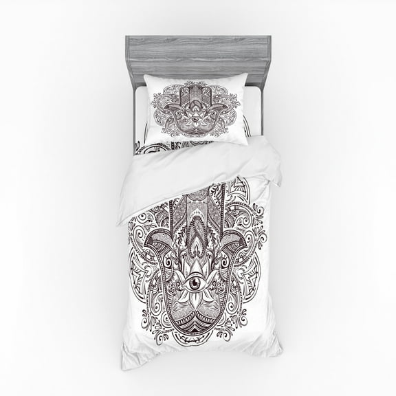 Ambesonne Hamsa Bedding Set 3 Pcs, Swirls from East, Twin, Dark Brown and White
