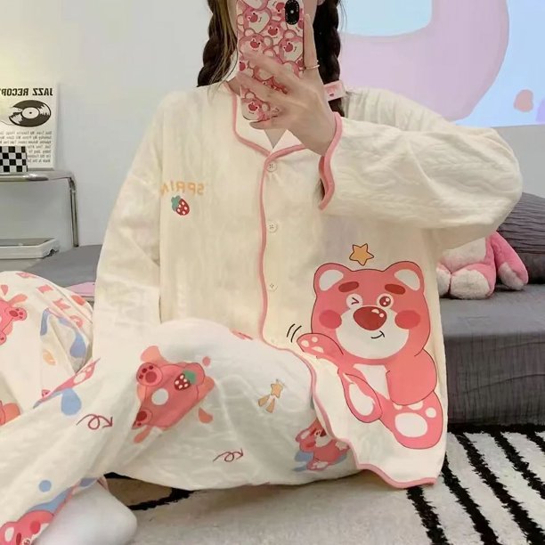 Sanrio-Conjunto de pijama de algodón de dibujos animados para mujer, ropa de casa de manga larga, Tops y pantalones, Kawaii, HelloKitty, My Melody Kuromi, regalo