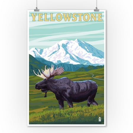 Moose Outdoor Wall - Yellowstone National Park, Wyoming - Moose & Mountain - Lantern Press Artwork (9x12 Art Print, Wall Decor Travel Poster)