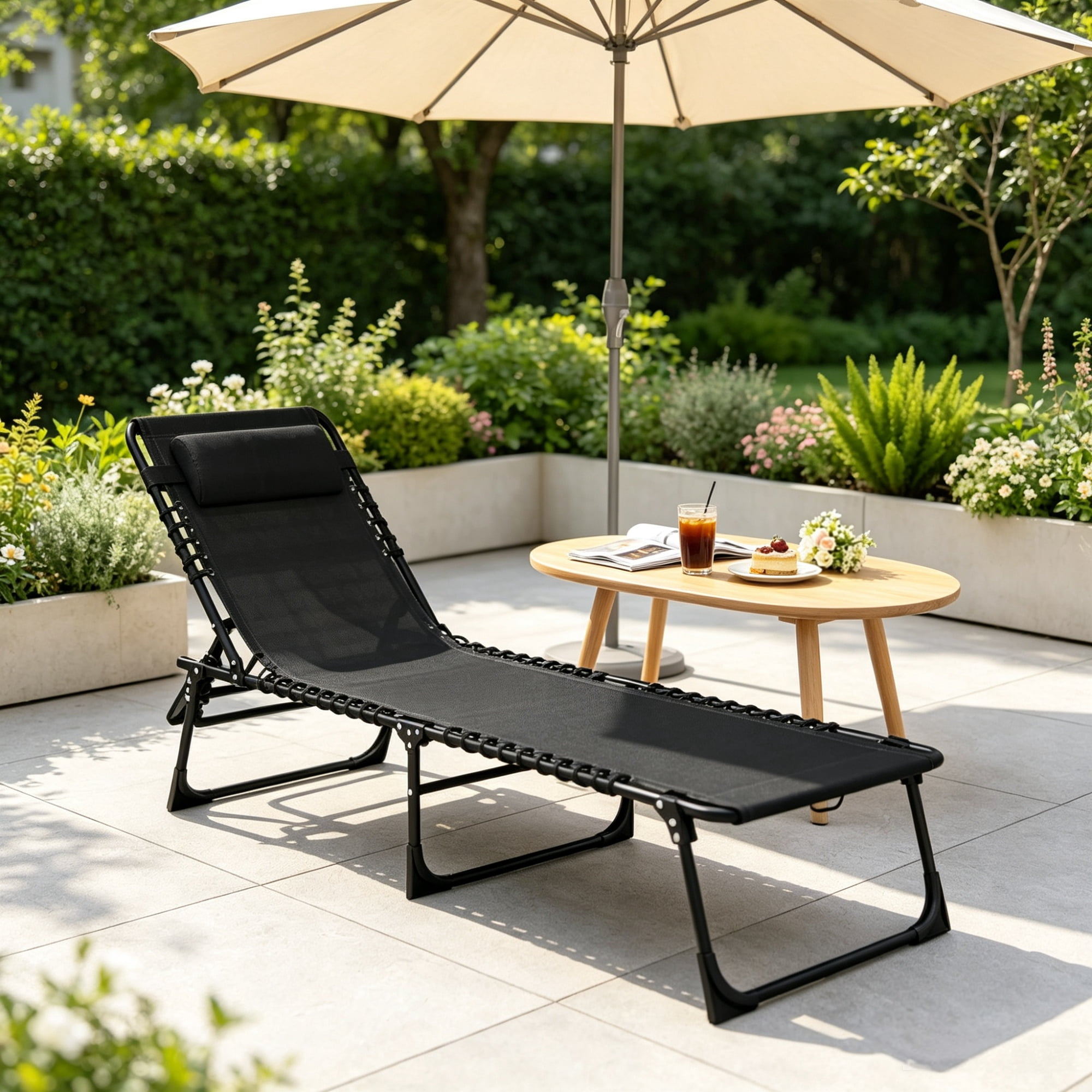 Folding Chaise Lounge Pool Chair for Poolside Sunbathing, 4-Position Reclining Back, Pillow, Breathable Mesh & Bungee Seat, Black