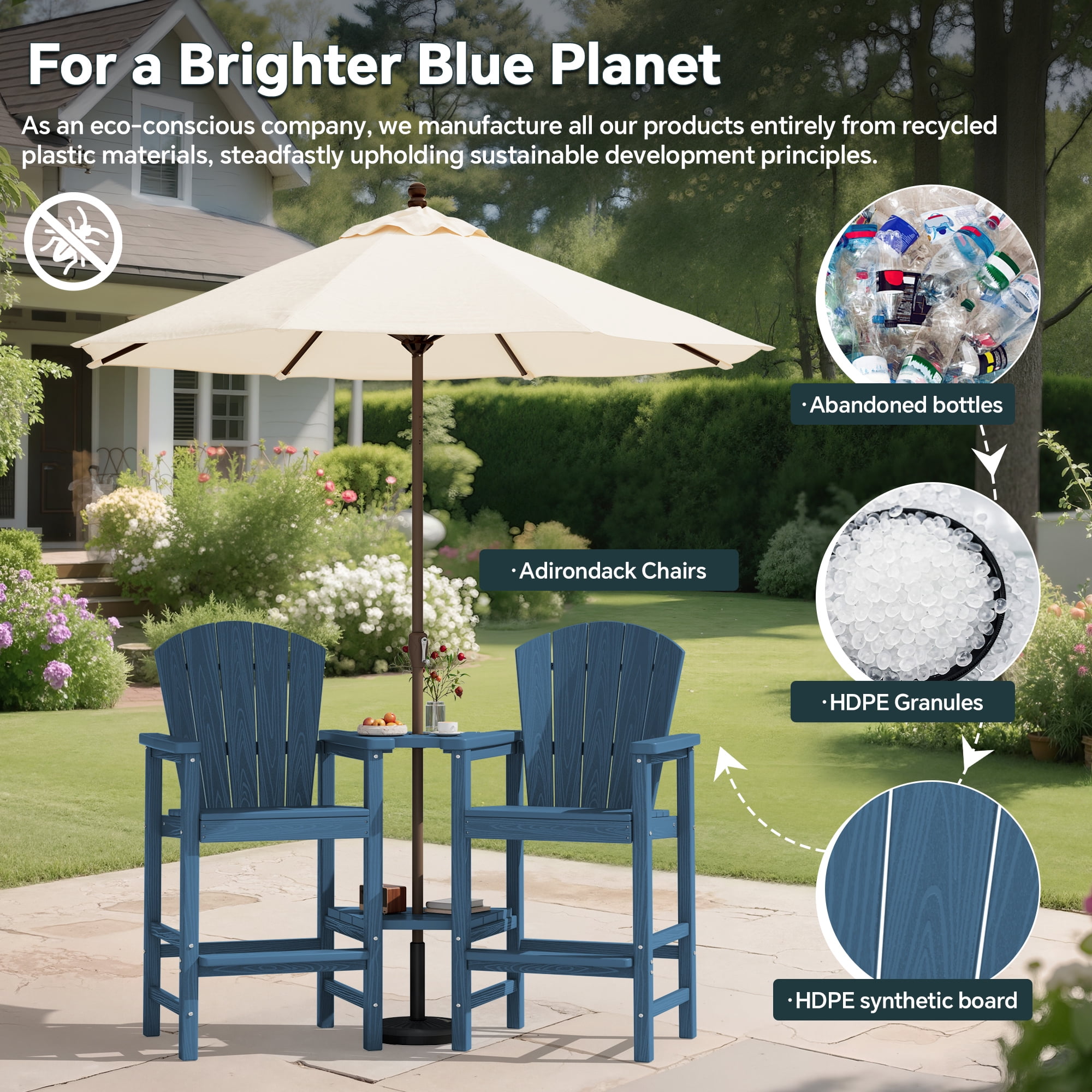 SERWALL Tall Adirondack Chairs Set of 4 with Double Layer Connecting Tray, HDPE Bar Height Outdoor Chairs, for Patio, Balcony, Porch, Pool, Navy