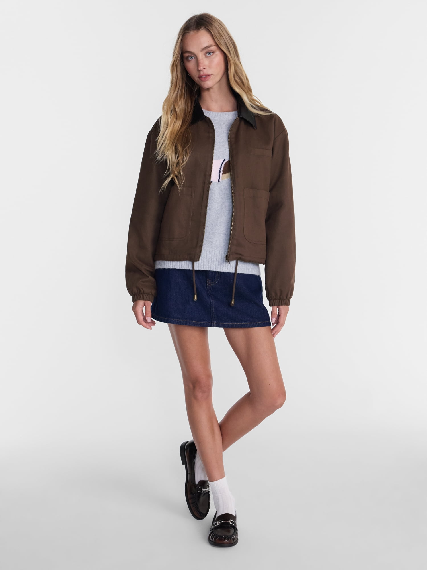 No Boundaries Cotton Twill Barn Jacket with Faux Leather Collar, Women's XXS-4X