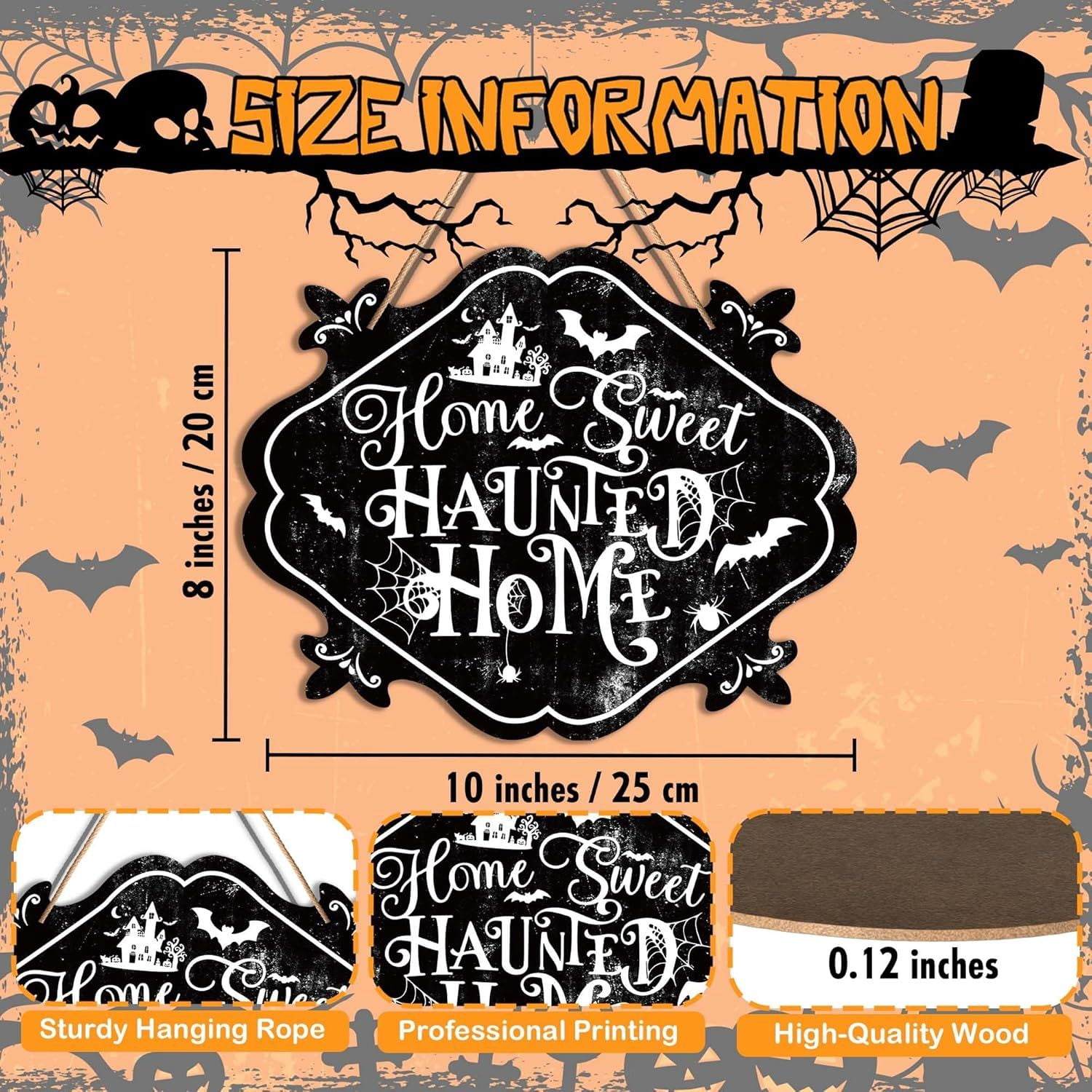 Happy Halloween Wooden Sign 8x10 Inch with Rope for Wall Door Decor