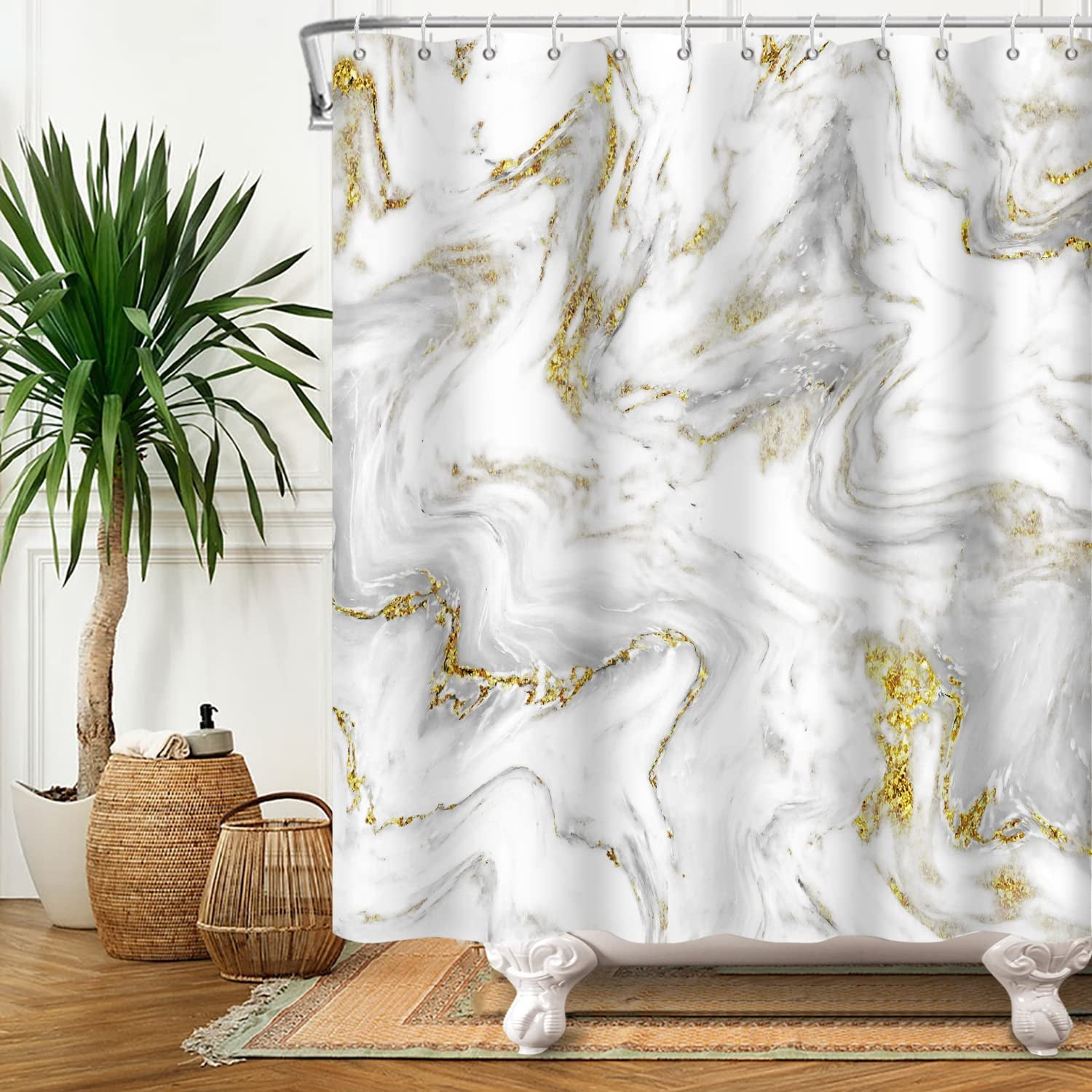Grey White Marble Shower Curtain Abstract Gold Striped Texture Marble