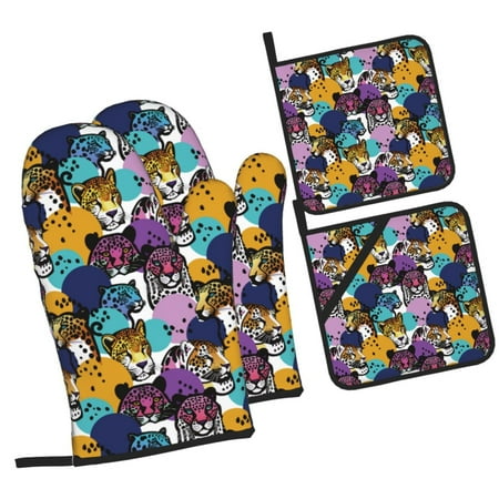 

Tebeau Retro Panther Print 4 Pcs Oven Mitts and Pot Holders 500°F High Heat Resistant Kitchen Oven Mitts with Pot holders Long Oven Mitts for Baking and Cooking