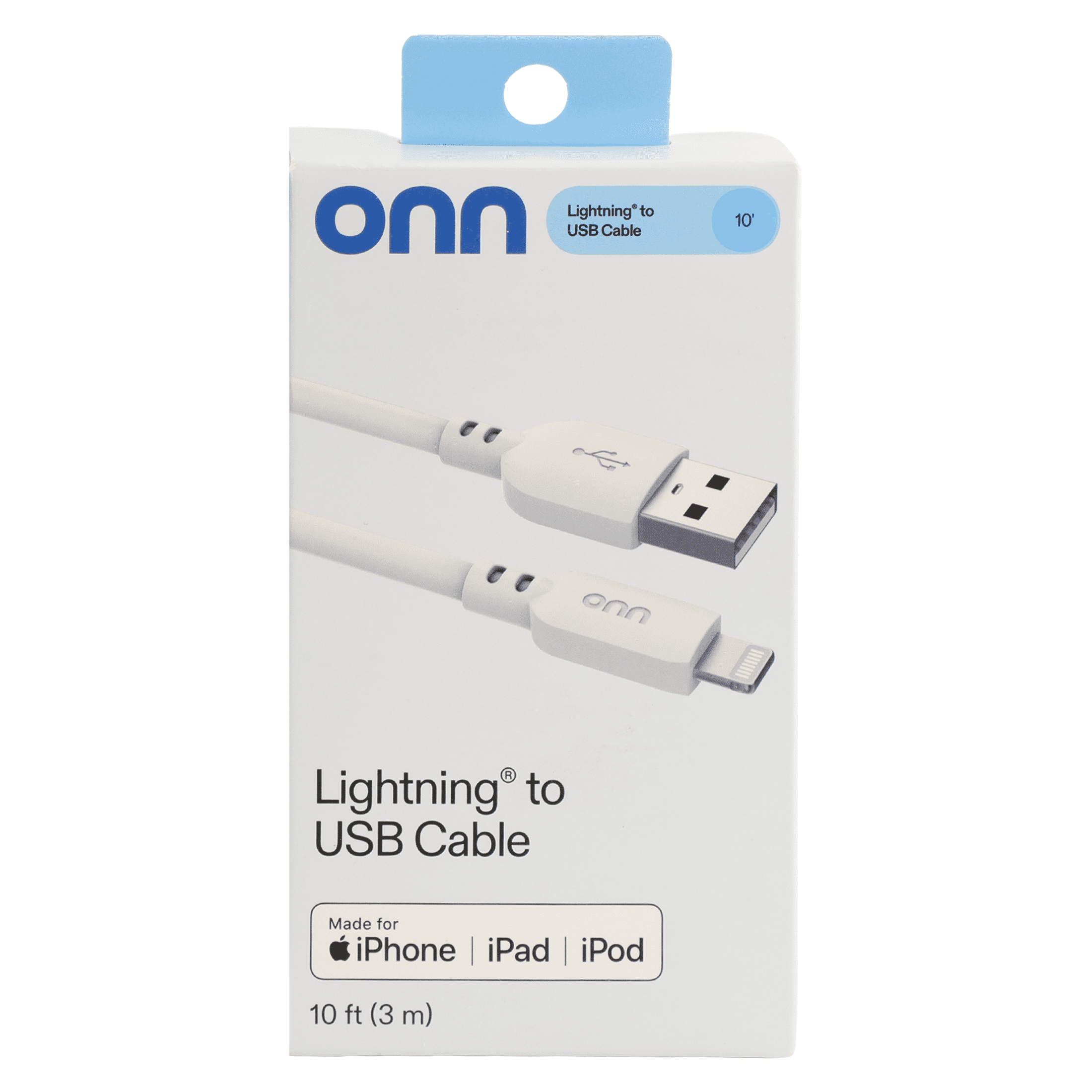 onn 10-Foot Lightning to USB Charging Cable – White