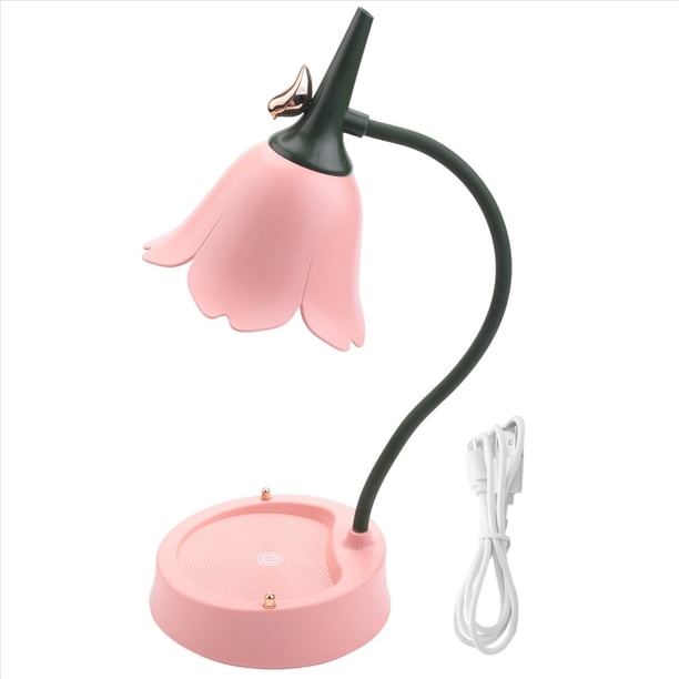 2X Flor LáMpara de Escritorio LED IluminacióN de Dormitorio de Estudiante Lectura de Contacto ProteccióN Ocular Pantalla de Flor USB Luz de Mesa, Rosa