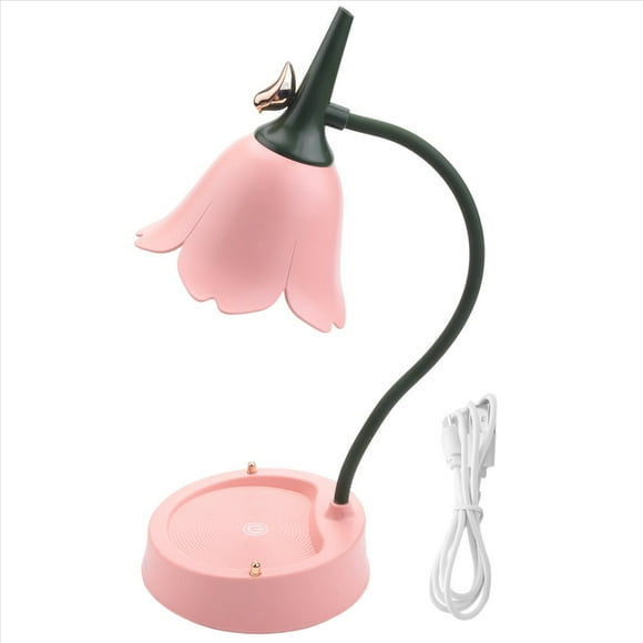 2X Flor LáMpara de Escritorio LED IluminacióN de Dormitorio de Estudiante Lectura de Contacto ProteccióN Ocular Pantalla de Flor USB Luz de Mesa, Rosa