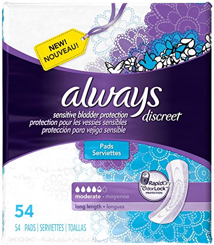 Always Discreet Moderate Long Incontinence Pads, Up to 100% Leak-Free Protection, 54 Count (Packaging May Vary)