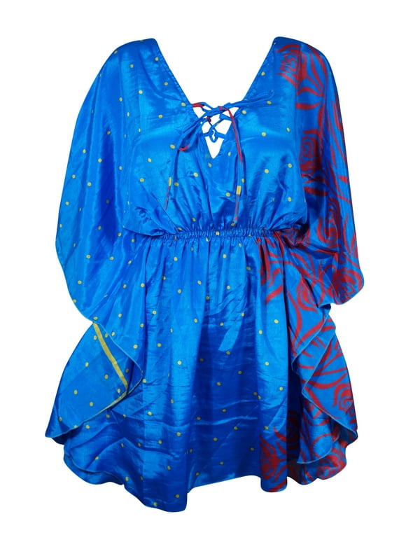 Mogul Women's Hippie Kaftan Dresses Aqua Blue Printed Dress M-XL