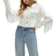 thumbnail image 4 of Chaqueta de mezclilla con flecos de manga larga y dobladillo deshilachado para mujer INSPIRE CHIC, corta, talla 2XL, blanca, 4 of 6