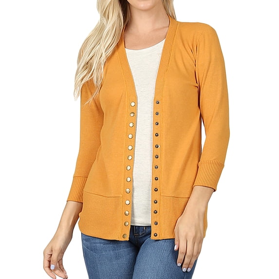 Women Classic Thin Snap Button Front V-Neck Button Down 3/4 Sleeve Ribbed Knit Cardigan