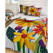 Welcome 3 Piece Quilt Set Full Size, Spring Yellow Pink Dots Floral White Linen Texture Soft Bedspread Coverlet Bedding Set Microfiber Lightweight Comforter Set with 2 Pillowcases for Bedroom