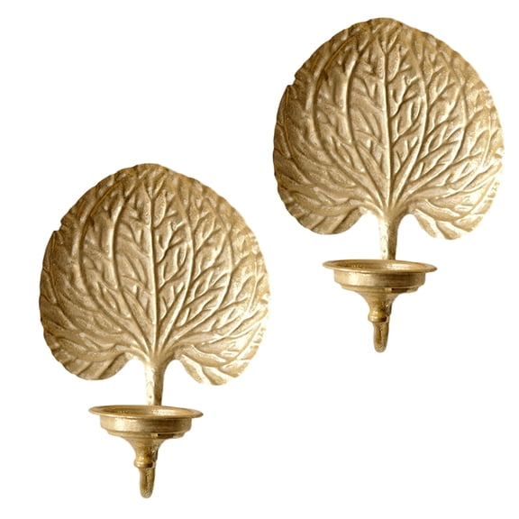 PatungKu 2 Piece Antique Metal Candle Wall Sconces Gold Palms Leaf Iron Pillar Candle Holders For Artistics Home Accent Decors