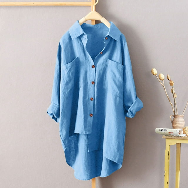 RXIRUCGD Women's Linen Shirt Roll-Up Sleeve Tops Button Irregular Tunic Pockets Blouse, Light Blue, Size: L