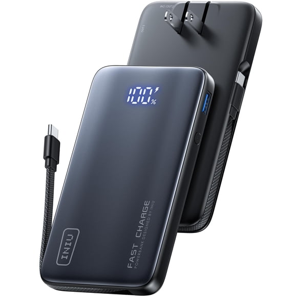 INIU 3-in-1 Portable Charger, 45W 10000mAh Fast Charging Power Bank, Built-in USB C Cable & Foldable Wall Plug, Travel Essentials, Battery Pack for i