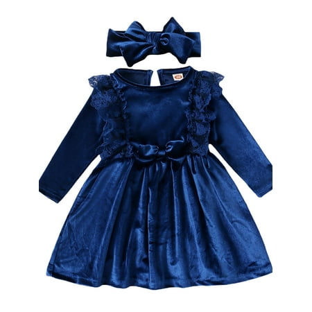 

Meihuida Toddler Girl 2Pcs Winter Outfits Long Sleeve Bow Front Velvet Dress Headband Set