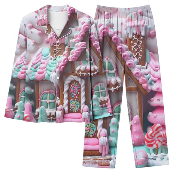 asdoklhq Pajamas for Women Set Ladies' Casual Fashion Christmas Printed Long Sleeved Lapel Set Casual Top Pants Pajama Set Pink XL