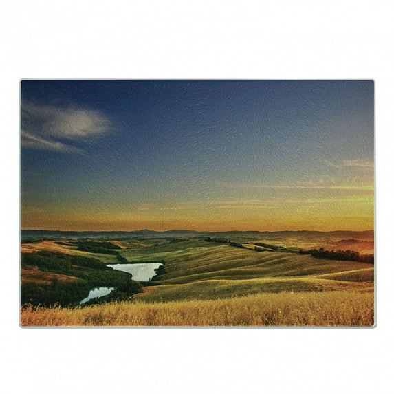 Italian Cutting Board, Photo of Mediterranean Rural in the Valley with a Small Lake Nature, Decorative Tempered Glass Cutting and Serving Board, Small Size, Blue Yellow Green, by Ambesonne