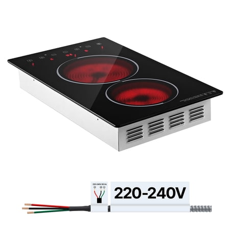KFFKFF 12-Inch Electric Cooktop, 2-Burner Ceramic Stove, 3000W, 220V, Built-In Design, Features 9 Heat Settings, Timer, Child Safety Lock, Overheat Protection, and Touch Controls