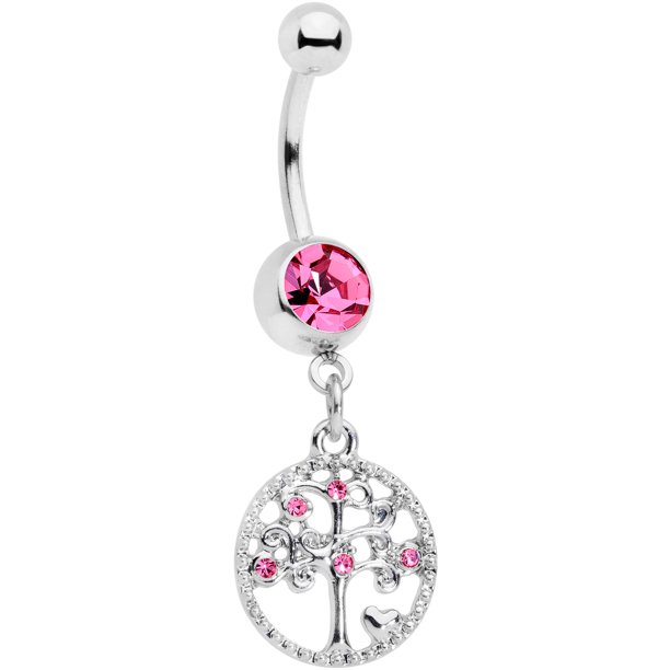 Body Candy 14G Womens 316L Steel Navel Ring Piercing Pink Accent Tree of Life Dangle Belly