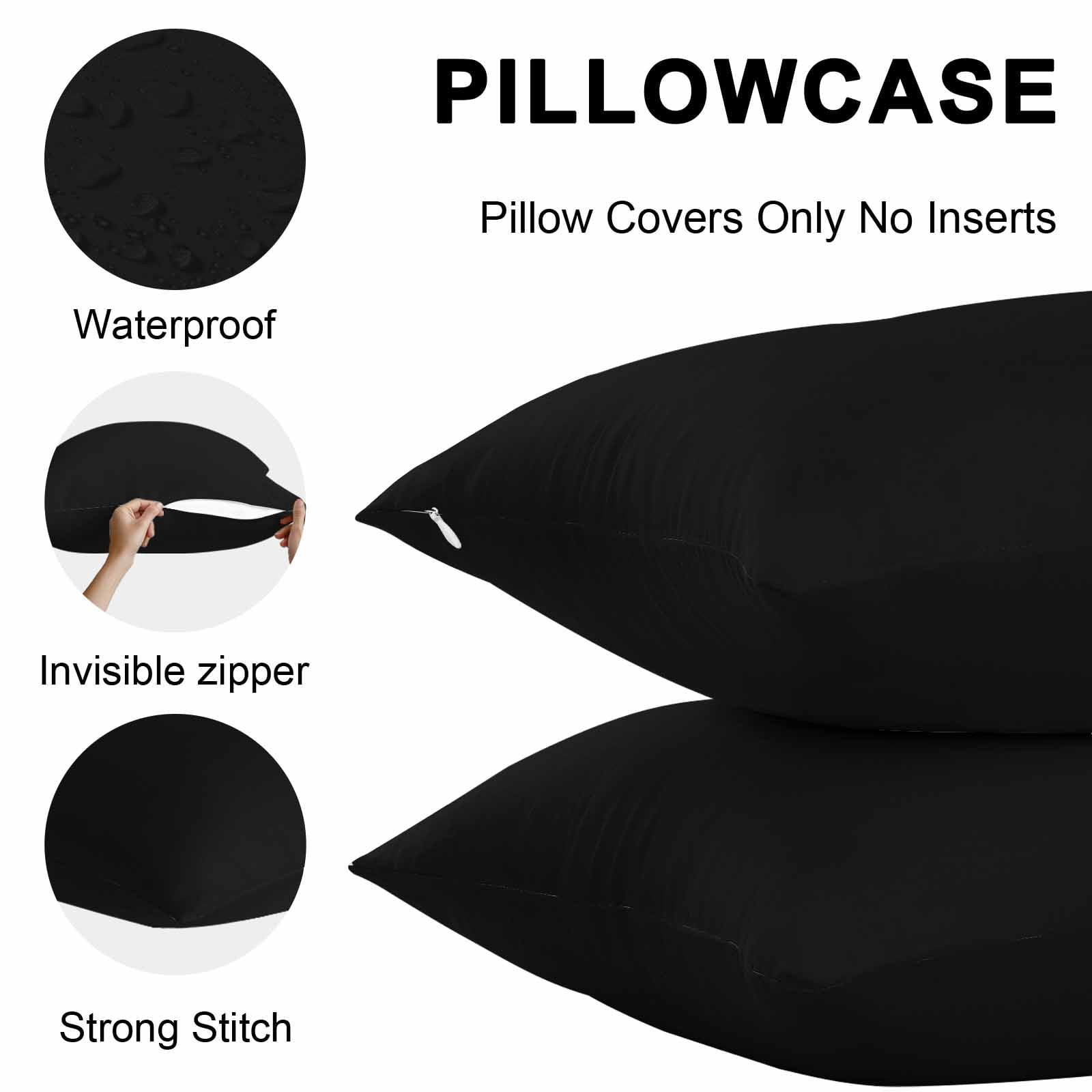 Black Throw Pillow Covers 18x18 Inch Set of 2, Farmhouse Solid Black Color Modern Art Waterproof Outdoor Pillow Covers, Decorative Cushion Pillowcases for Couch, Sofa, Bed, Garden, Patio