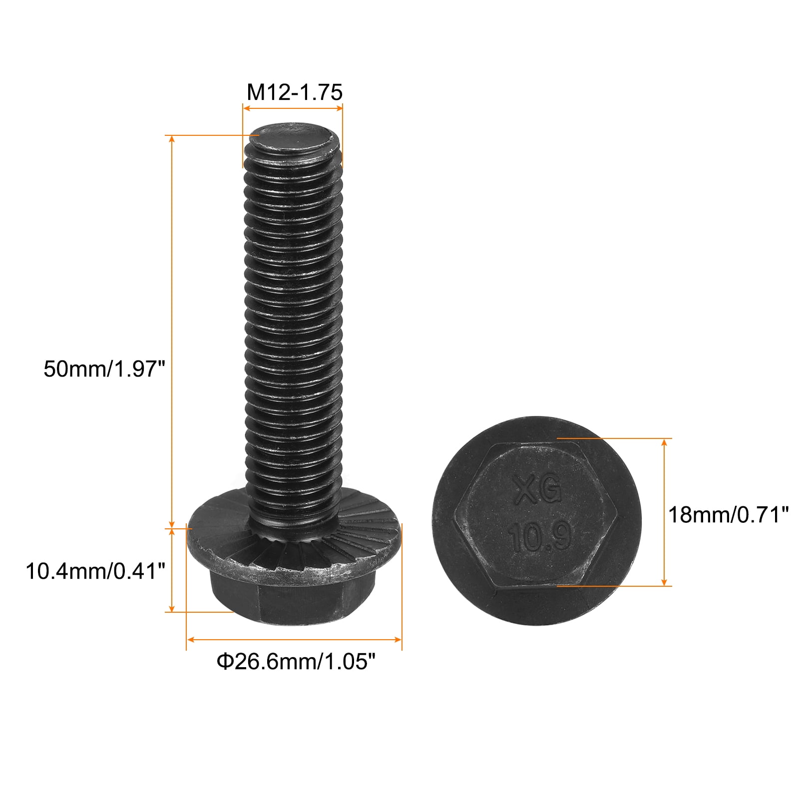 Unique Bargains Hex Serrated Flange Bolts with Black Oxide Coating for Uses M12-1.75x50mm