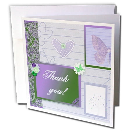 3dRose Thank you on Damask with Butterfly, Heart, and Flowers, Purple - Greeting Cards, 6 by 6-inches, set of 12