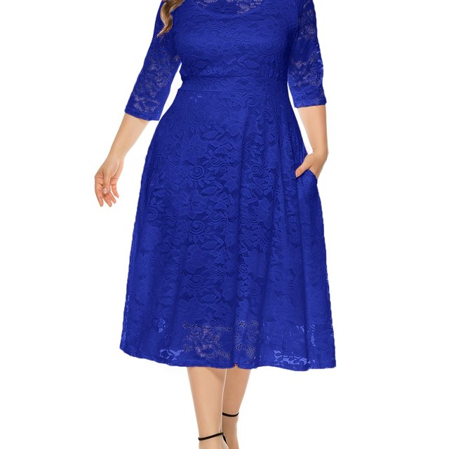 Vestido de fiesta midi semitransparente de media manga con encaje en contraste de talla grande, vestido de fiesta elegante para mujer para boda
