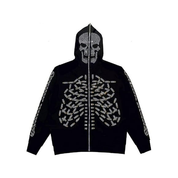 Abrigo femenino Sunloudy, chaqueta con capucha de manga larga con estampado de calavera/araña de diamantes de imitación con cremallera para primavera otoño Sunloudy S M L XL