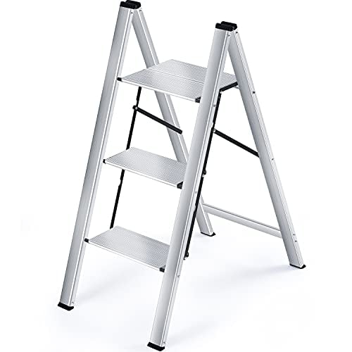 APEXCHASER Step Ladder, 3 Step Aluminium Folding Ladder, Portable Slim Step Stool, Safety Household Ladder Stepladder for School Office Home