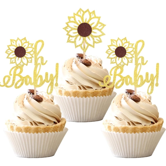 Sunflower Oh Baby Cupcake Toppers, Gold Glitter, Baby Shower Party Cake Decorations, 12 PCS