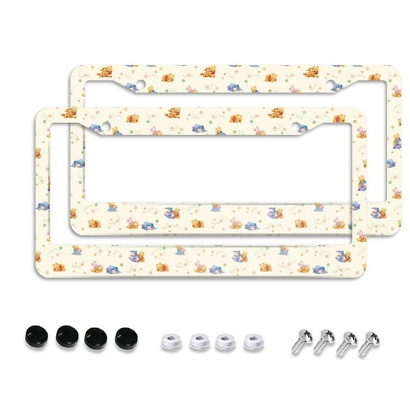 Winnie The Pooh Cartoon Car License Plate Frame 2 Pack, License Plate Cover Bracket Decorative Aluminum License Plate Frame Auto Accessories Unisex 11.8 X 5.9 Inch 2 Holes with Screws