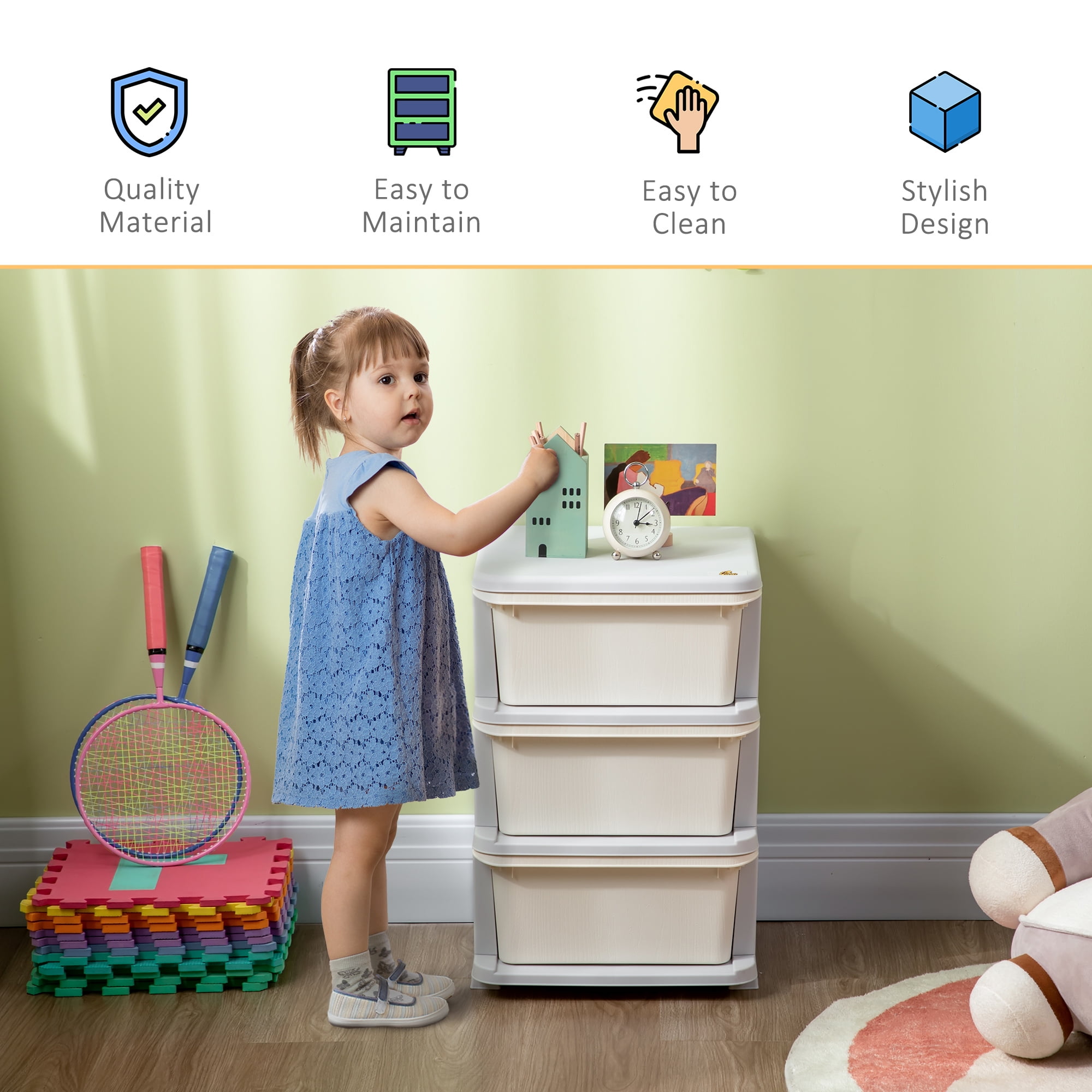 Qaba 3 Tier Kids Storage Unit Dresser Tower with Drawers Chest Toy Organizer for Bedroom Nursery Kindergarten Living Room for Boys Girls, Cream White
