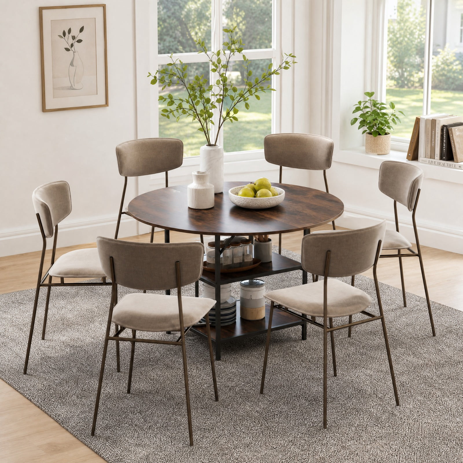 Furnibear 47 Inch Round Dining Table for 4 to 6 with 2 Tier Storage Shelves and Sturdy Metal Frame for Kitchen and Apartment, Rustic Brown