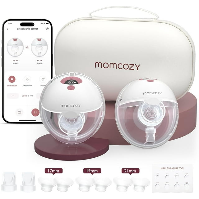 Momcozy M5 Tire-lait Mains Libres avec Contrôle par Application Intelligente, Tire-Lait Électrique Portable avec 3 Modes et 9 Niveaux, Lot de 2, Rouge Douillet