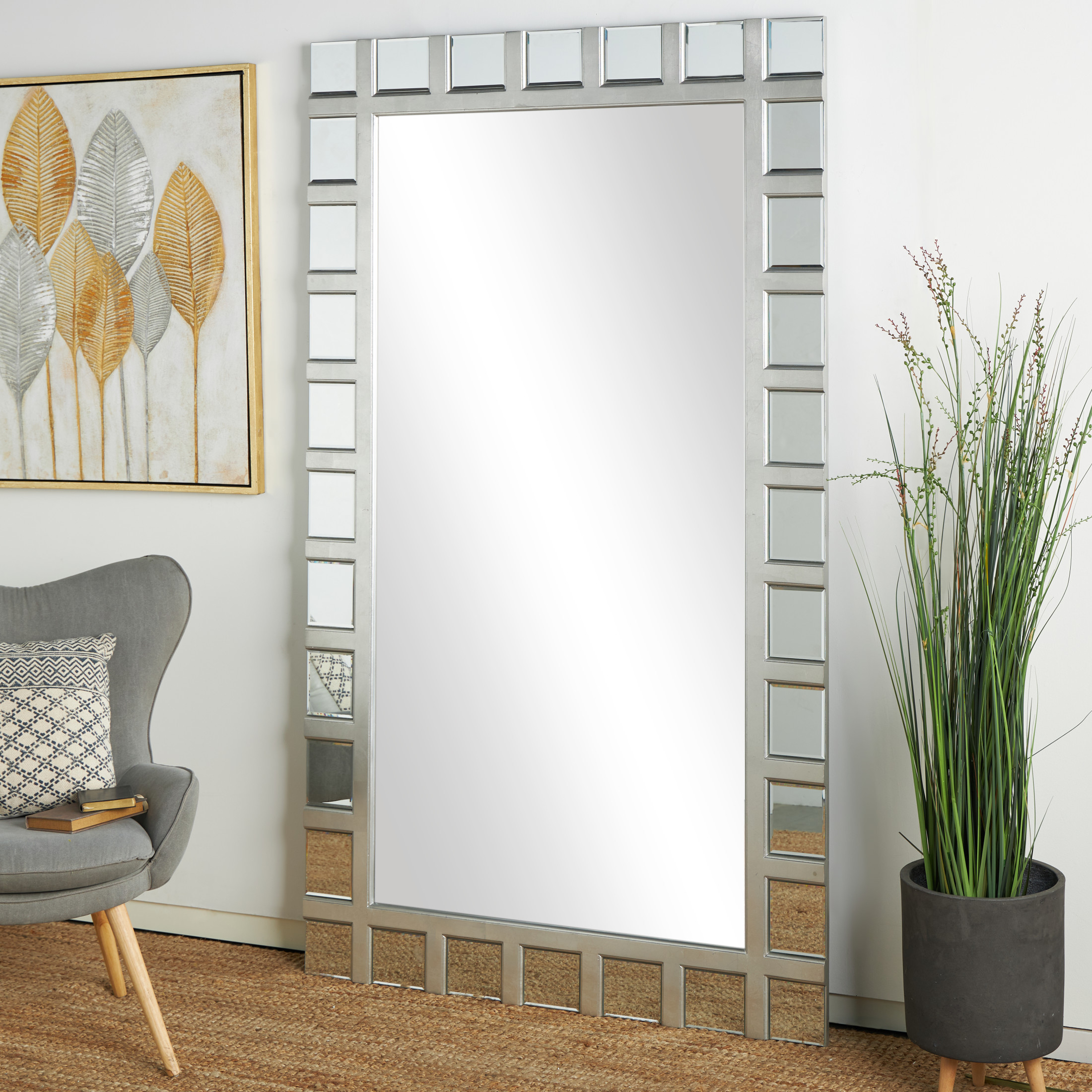DecMode 49" x 83" Silver Wooden Geometric Floor Mirror with Square Mirrored Insert Frame