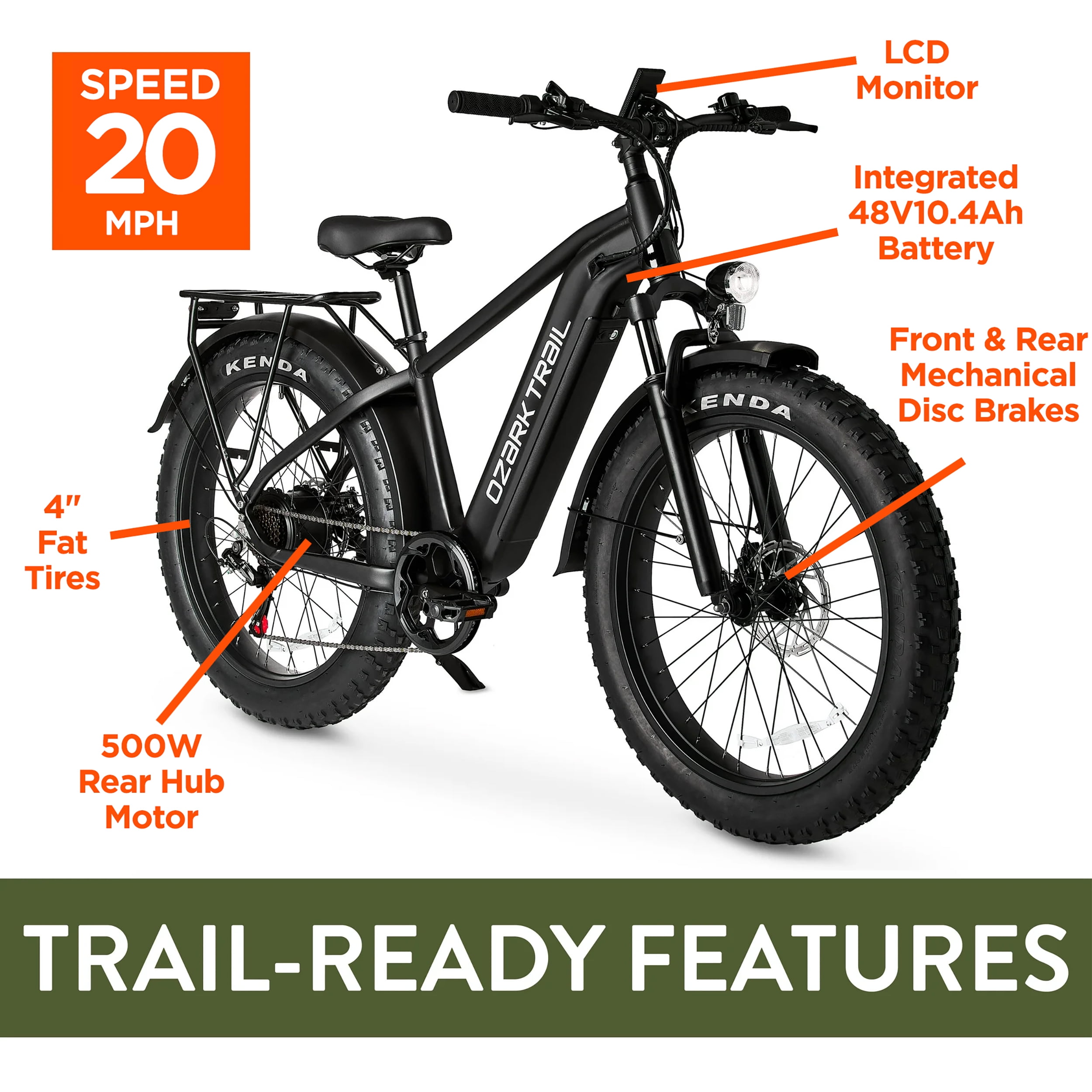 Ozark Trail 26" M.3 Ranger+ Electric Fat Tire Bike, 48V, Class 2, Black, Fits Riders 5'2" - 6'1", Adult, Unisex