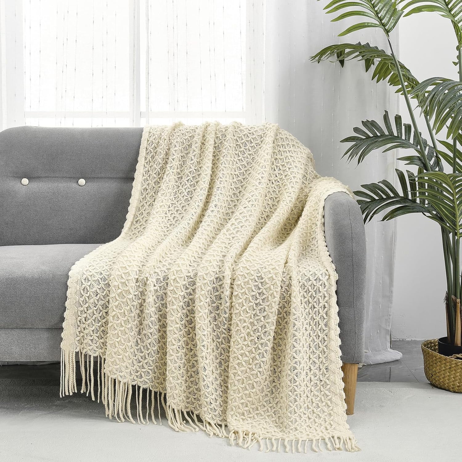 CREVENT Farmhouse Boho Knitted Throw Blanket for Couch Sofa Chair Bed Home Decoration, Soft Warm Cozy Light Weight for Spring Summer Fall (60''X80'' Beige)