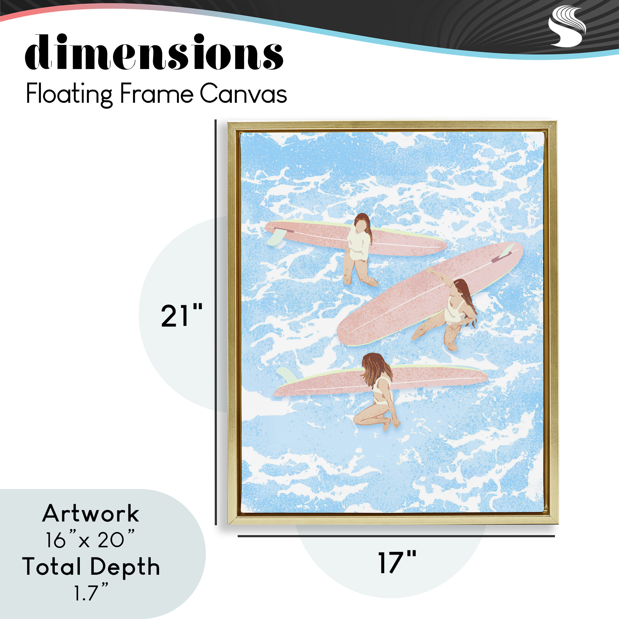 Surfing Girls Trio Gold Framed Floater Canvas Wall Art, design by Ziwei Li