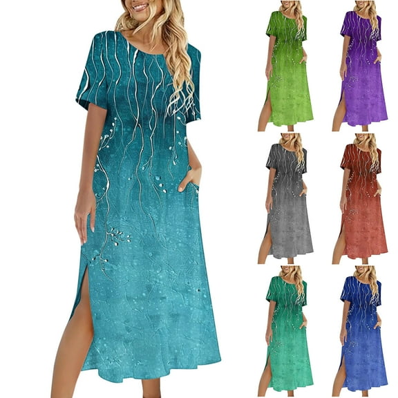 Felirenzacia Women’s Casual Long Dress, Short Sleeve Round Neck Ankle Length Style with Side Slit, Casual Summer Dress