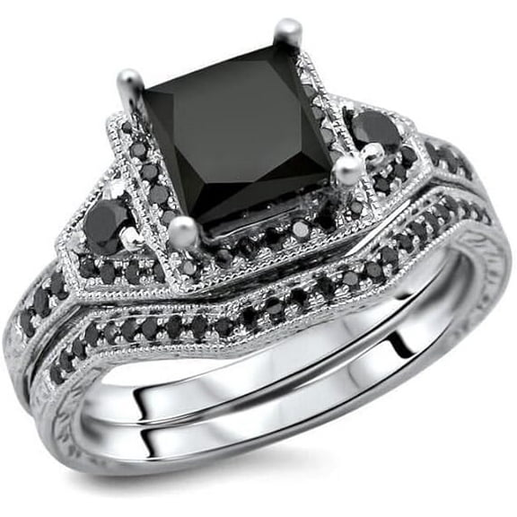 Divine_creation 2.25 Ctw Princess Cut Black Diamond Engagment Wedding Halo Bridal Ring Set 14K White Gold Plated 925 Sterling Silver For Women's - 9.5