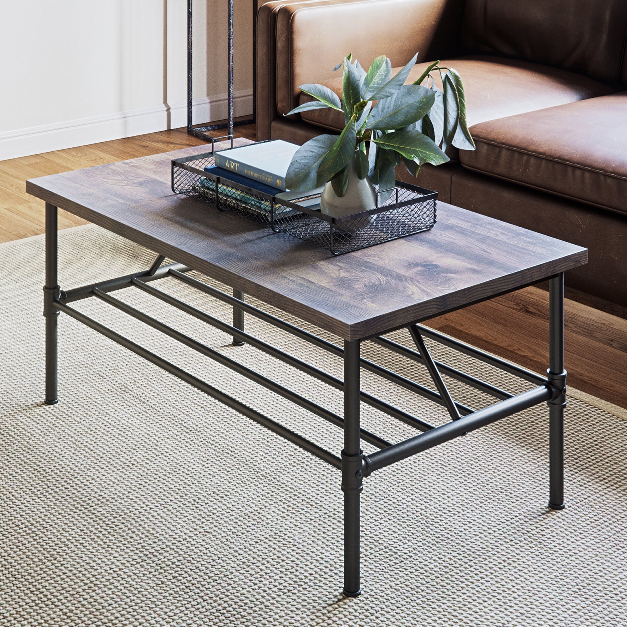 Max Industrial Pipe Coffee Table, 41 Inch Matte Black Metal Frame