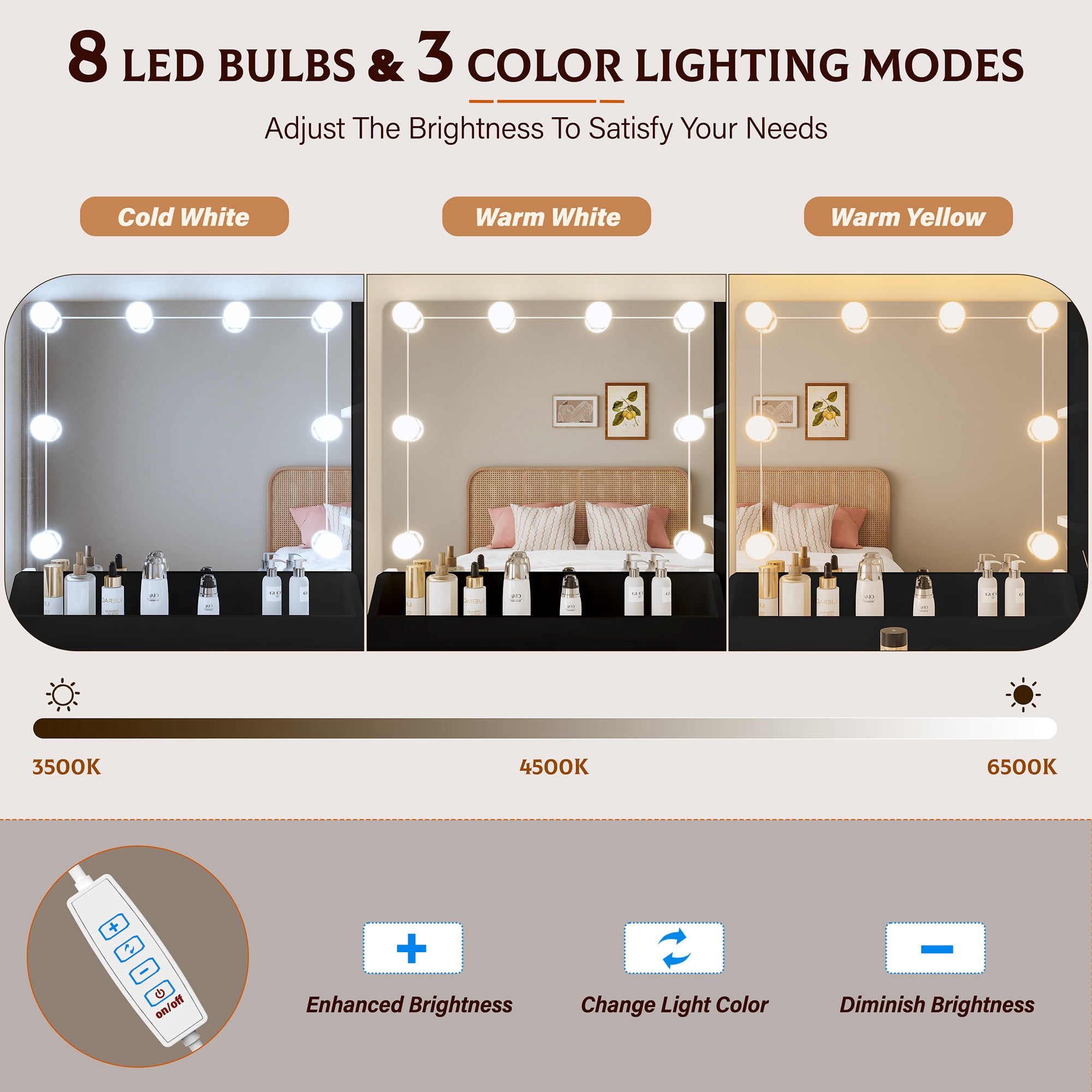 Vanity Desk with Mirror and Lights, Makeup Desk with Power Outlet Drawers Cabinet Stool, Vanity Table 3 Color Modes Adjustable Brightness Dressing Table Set for Bedroom