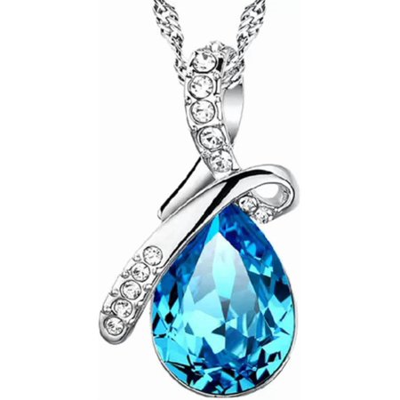 Womens 925 High-Quality Silver Blue Crystal Angel Tears Pendant Necklace Jewelry-Silver[z708]