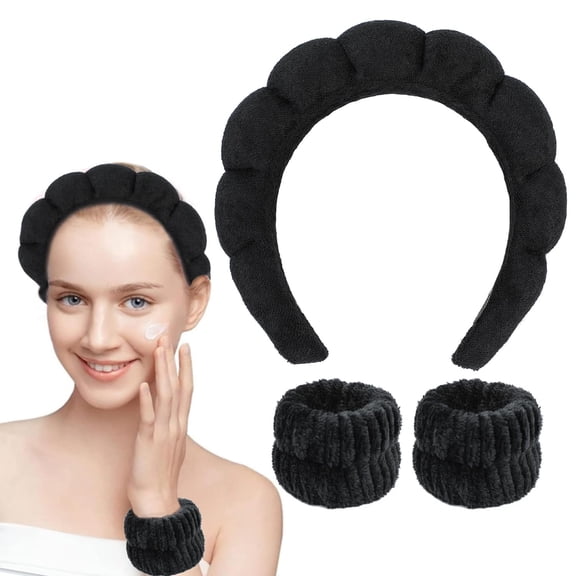 woomer Spa Headband and Wristband Set for Skincare Washing Face Terry Cloth Wrist Towels Head Band for Skin Care Bubble Soft Hairband for Women Girls Makeup Shower(Black set)